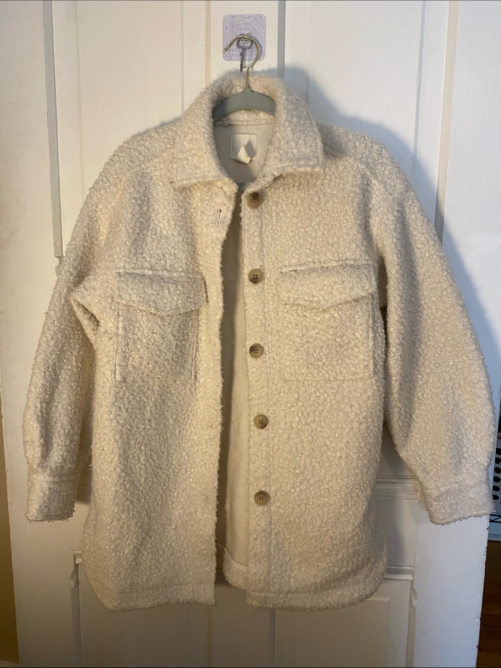H&M Cream Sherpa Shirt Jacket with Button Front Pockets